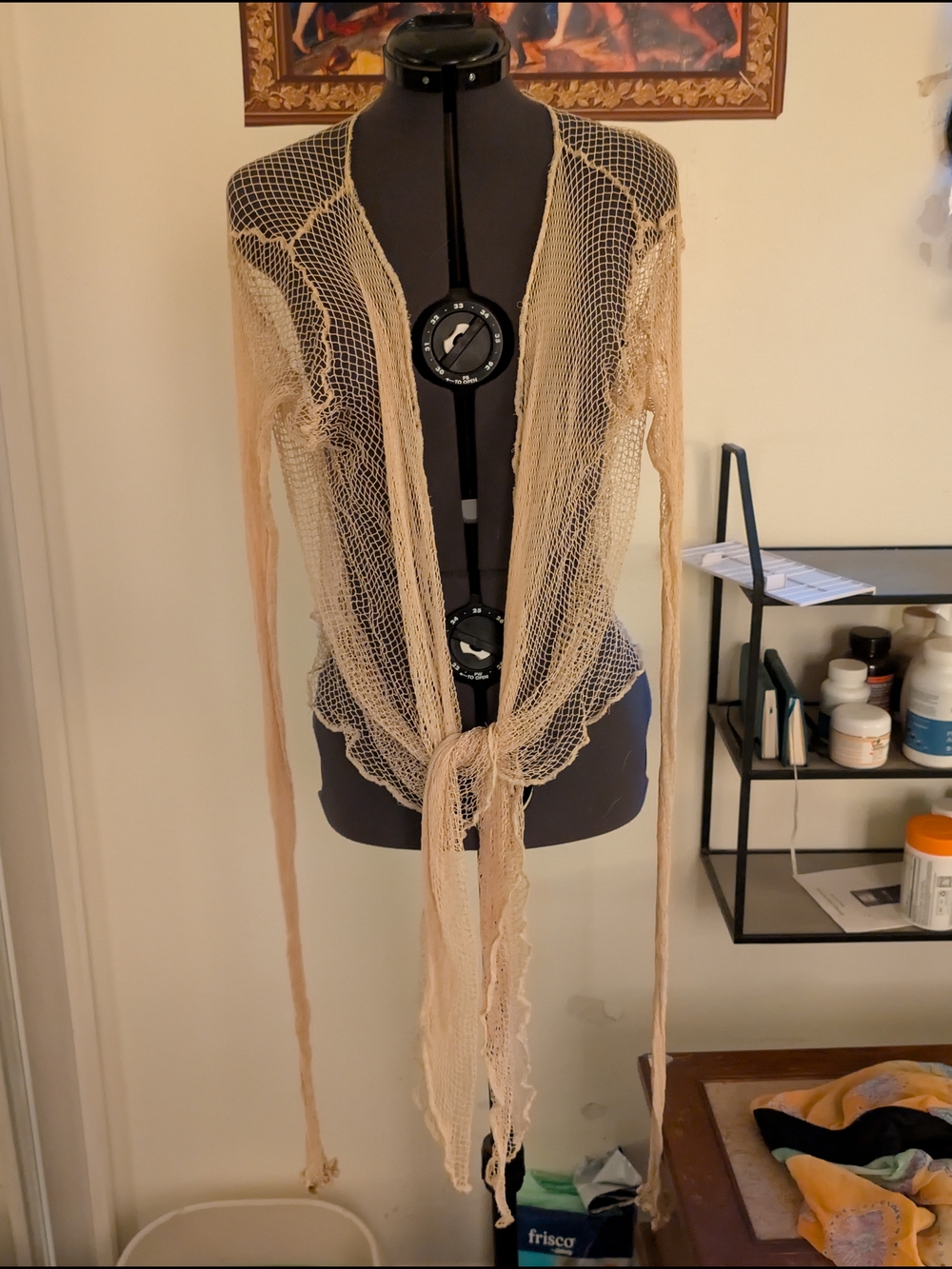 Sheer Beige Mesh Tie-Front Shrug